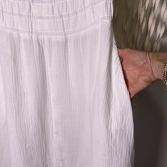 Joe's White Gauze Maxi Dress Smocked Waist Cap Sleeve Pockets Size Large - Picture 9 of 11